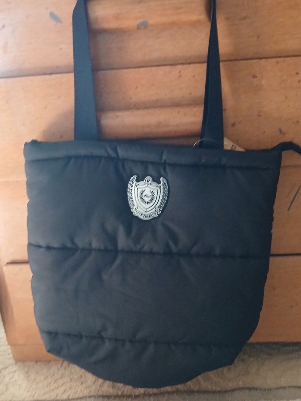Black Quilted Tote Bag with Crest Emblem PINK Huge Carry On Bag,